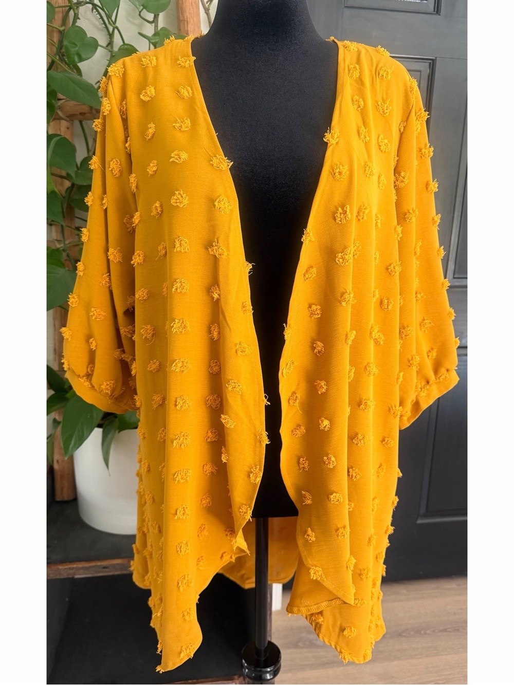 Chigant Mustard Yellow Chiffon Kimono Duster Cover Up Swiss Dot Boho Chic XL NWT